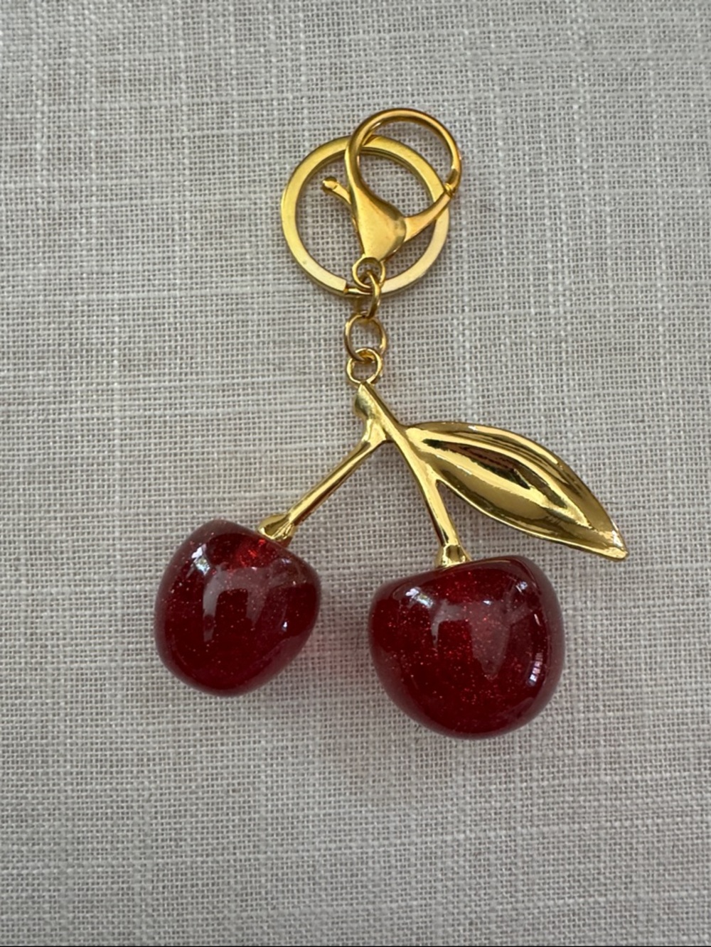 Gold Cherry Keychain with Sparkling Red Cherries